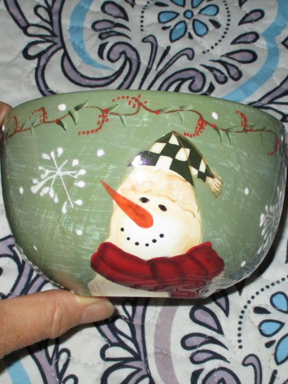2 Becca Barton Green Holiday Cereal Bowls Dishes Set Snowman